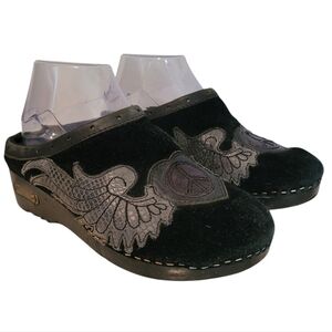 Lucky Brand Vintage Y2K Black Gray Leather Suede Mules Peace Wings Retro Wmns 7